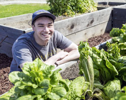 UC Merced student volunteer working in the student run community garden.